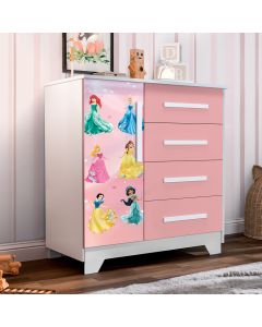 Cômoda Infantil Personagens 4 Gavetas 1 Porta Mdf - Rosa