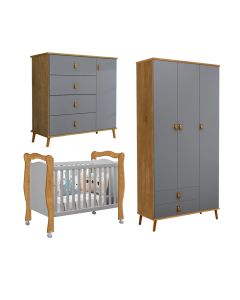 Conjunto Comoda e Guarda Roupa Jujuba Berço Alvin Nature/Cinza