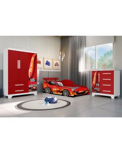 Conjunto Quarto Infantil Carros Cama Solteiro Cômoda Roupeiro Mdf - Vermelho