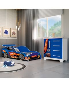 Kit Quarto Infantil Carros - Cama Solteiro Proteção Lateral com Colchão e Comoda Mdf - Azul