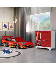 Kit Quarto Infantil Carros - Cama Solteiro Proteção Lateral com Colchão e Comoda Mdf - Vermelho