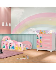 Kit Quarto Infantil Carros - Cama Solteiro Proteção Lateral com Colchão e Comoda Mdf - Rosa