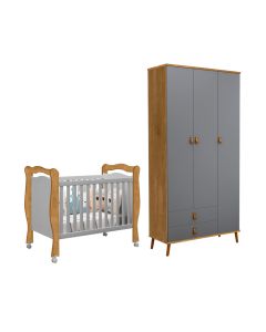 Conjunto Berço Mini Cama Alvin e Roupeiro Jujuba Nature/Cinza