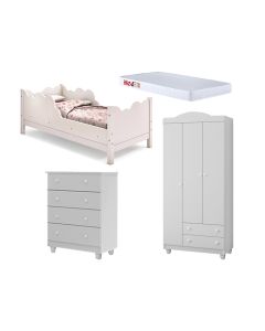 Cama Infantil Juvenil Nuvem Colchão Branco com Comada e Guarda Roupa Lara Branco