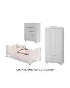 Cama Infantil Juvenil Nuvem Branco com Comoda e Guarda Roupa Lara Branco
