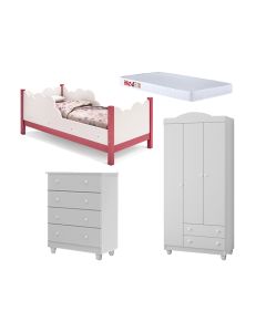 Cama Infantil Juvenil Nuvem Colchão Branco/rosa com Comada e Guarda Roupa Lara Branco