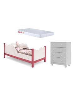 Cama Infantil Juvenil Nuvem Colchão Branco/rosa com Comoda Lara Branco
