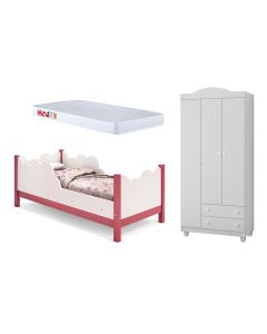 Cama Infantil Juvenil Nuvem Colchão Branco/rosa com Guarda Roupa Lara Branco