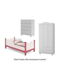 Cama Infantil Juvenil Nuvem Branco/rosa com Comoda e Guarda Roupa Lara Branco