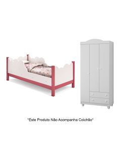 Cama Infantil Juvenil Nuvem Branco/rosa com Guarda Roupa Lara Branco